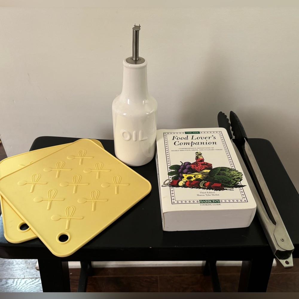 Porcelain Oil Cruet, Non-stick Tongs, Pot Holders, & Food Lover’s Companion Book